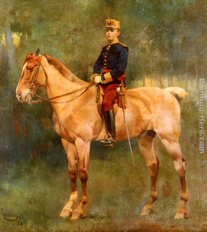 Jose Cusachs y Cusachs A Portrait Of Alfonso III On Horseback